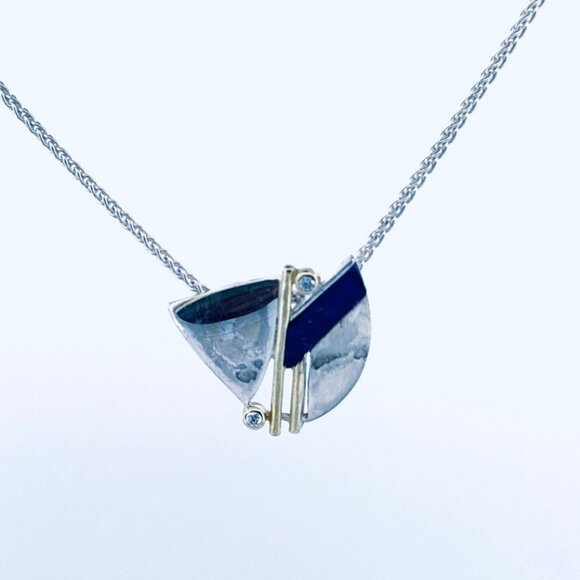 Sterling Silver 925 Modernist Necklace with Lapis Lazuli & Cubic Zirconia, 17” - Picture 1 of 13